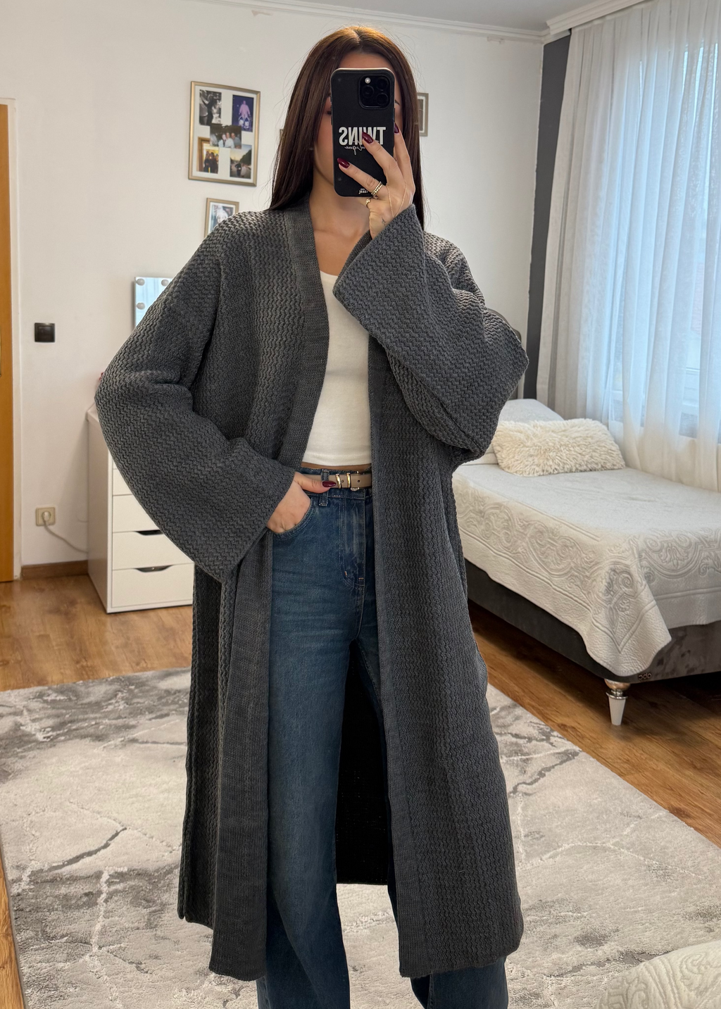 Langer Strick-Cardigan grau