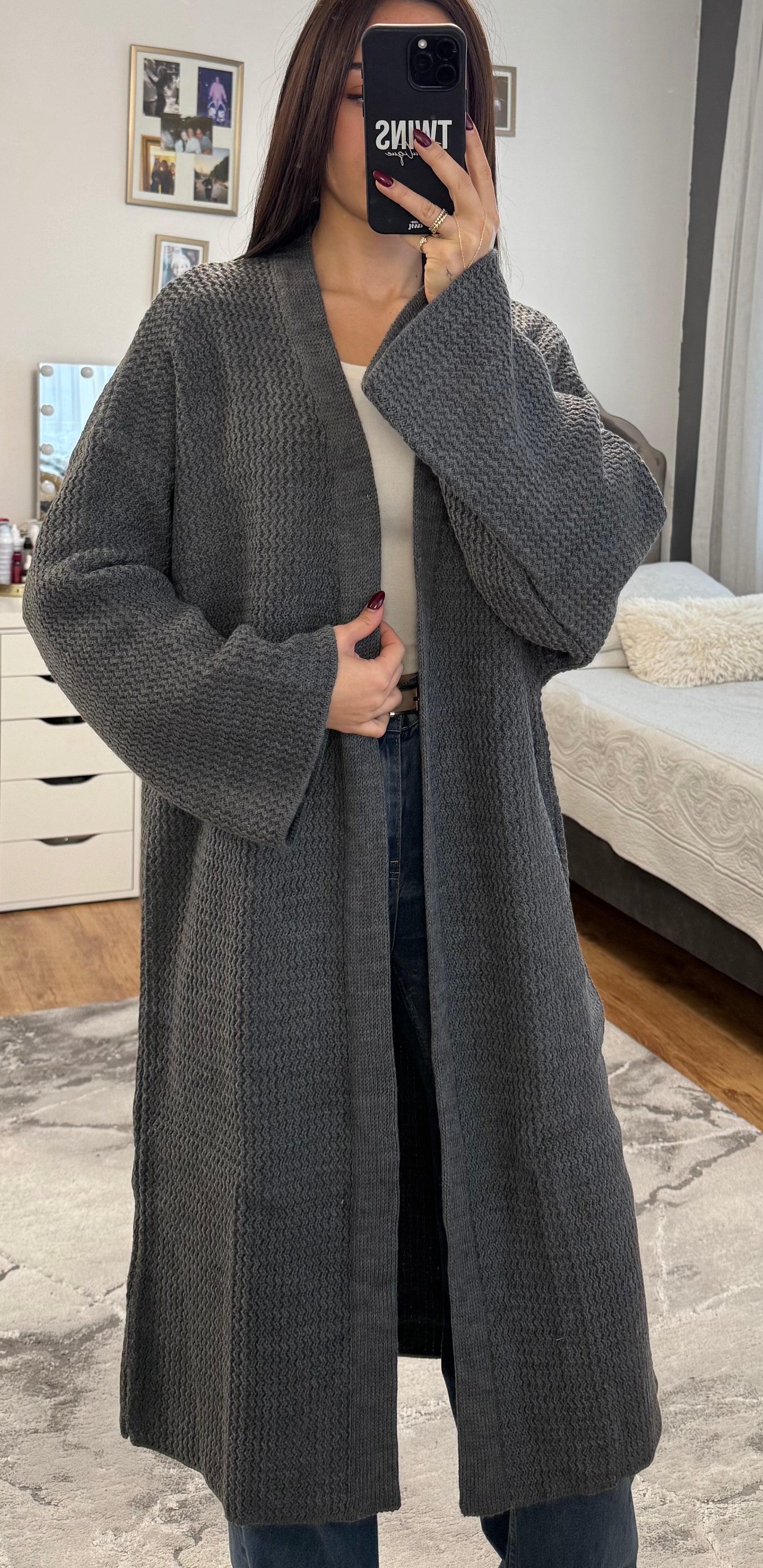 Langer Strick-Cardigan grau