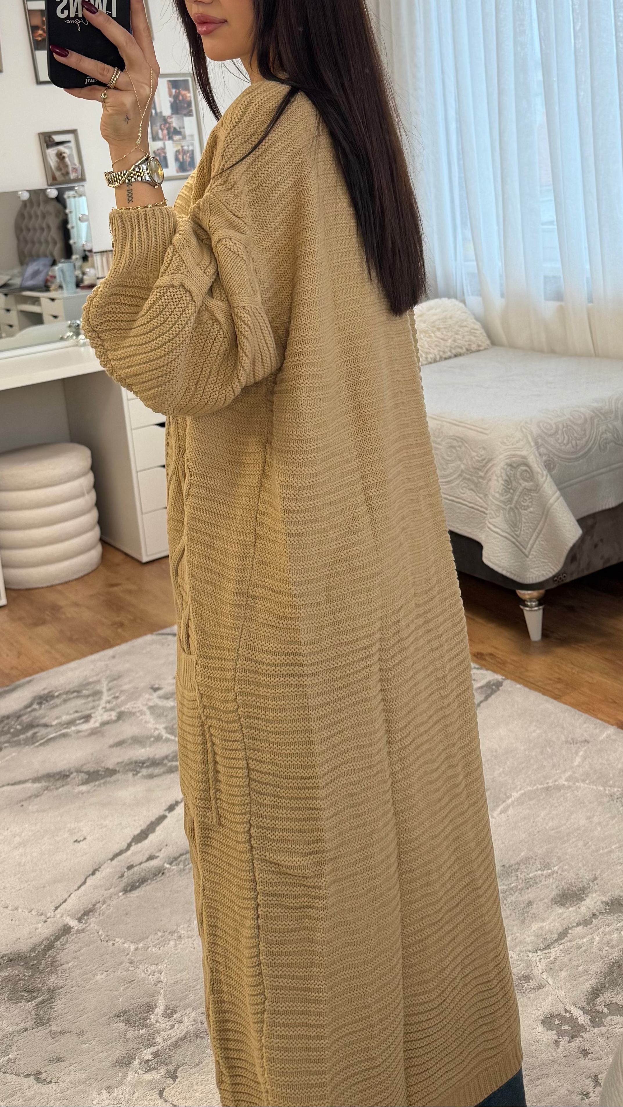 Langer Zopfstrick-Cardigan camel