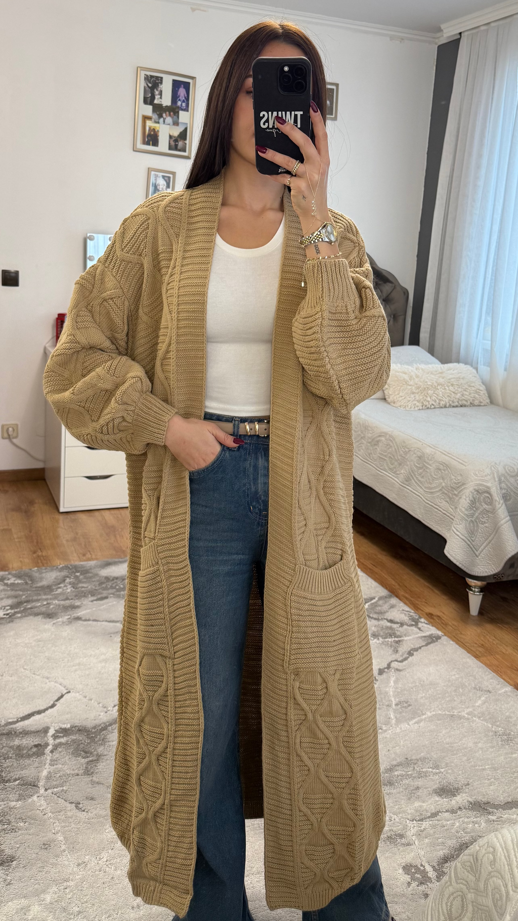 Langer Zopfstrick-Cardigan camel