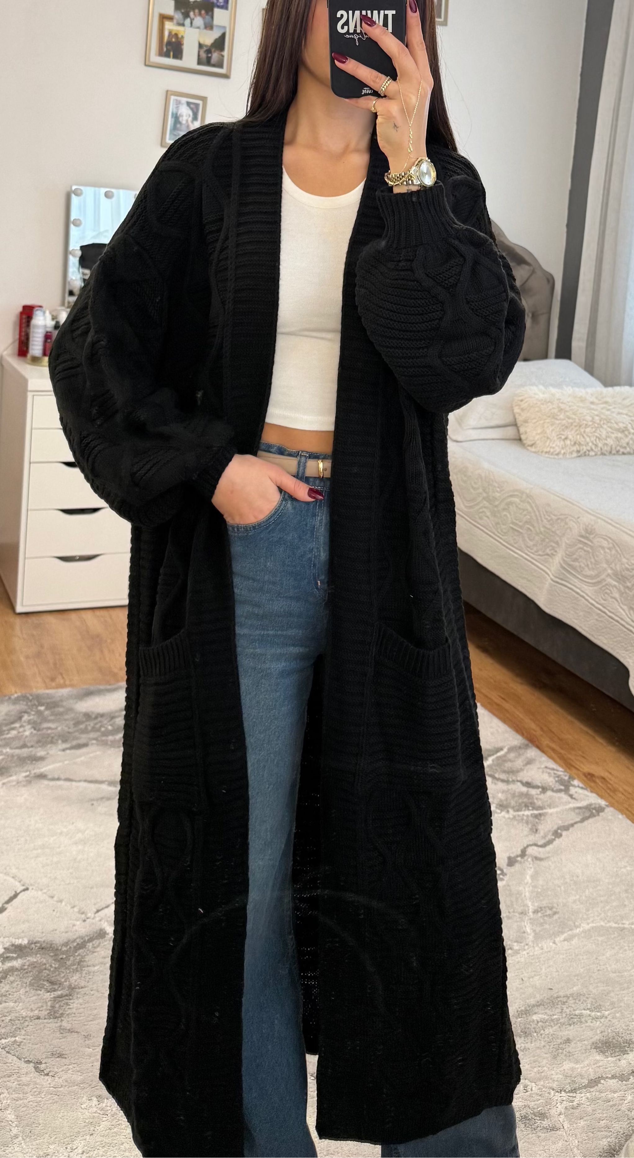 Langer Zopfstrick-Cardigan schwarz