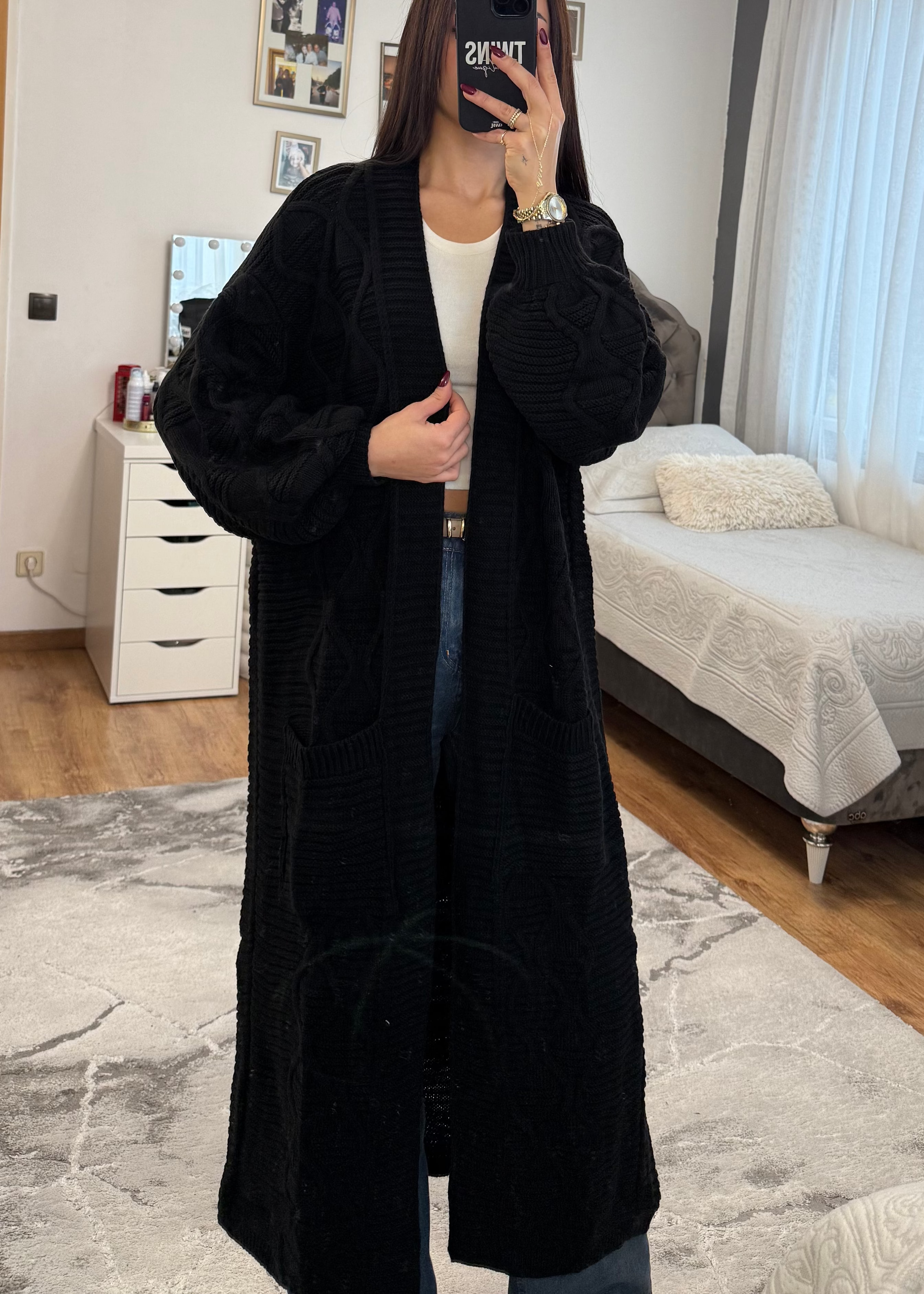 Langer Zopfstrick-Cardigan schwarz