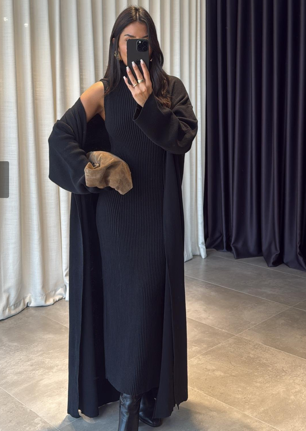 Geripptes Rollkragen Maxikleid mit Mantel-Cardigan Set schwarz