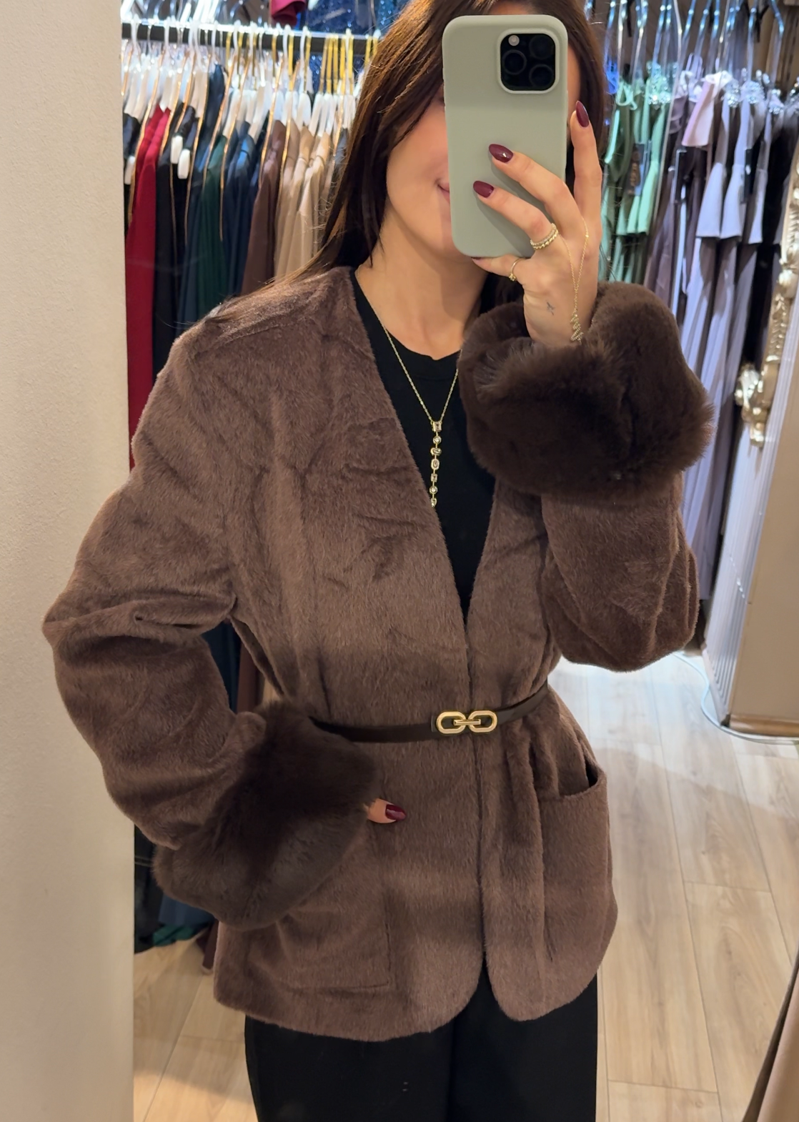 Jacke mit Kunstfell-Manschetten braun